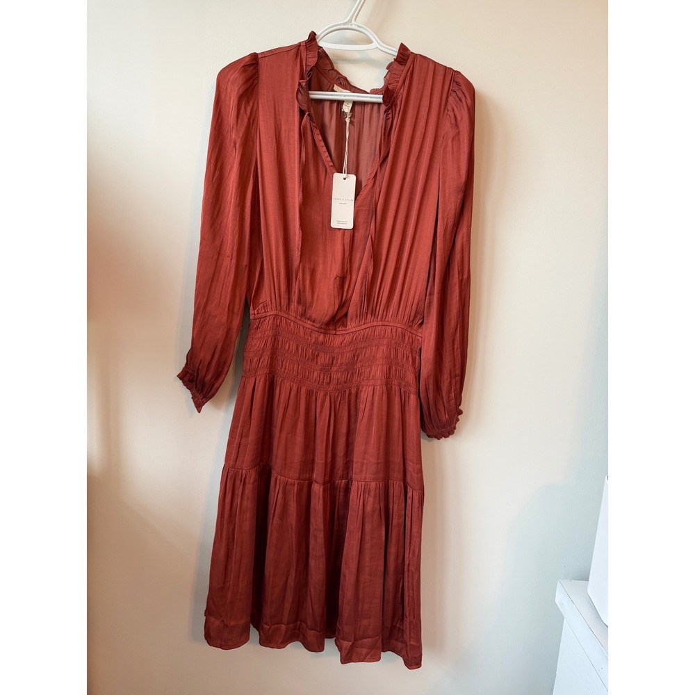 Grade & Gather Rust Orange Smocked Waist Tiered Ruffle Neck Mini Dress Medium